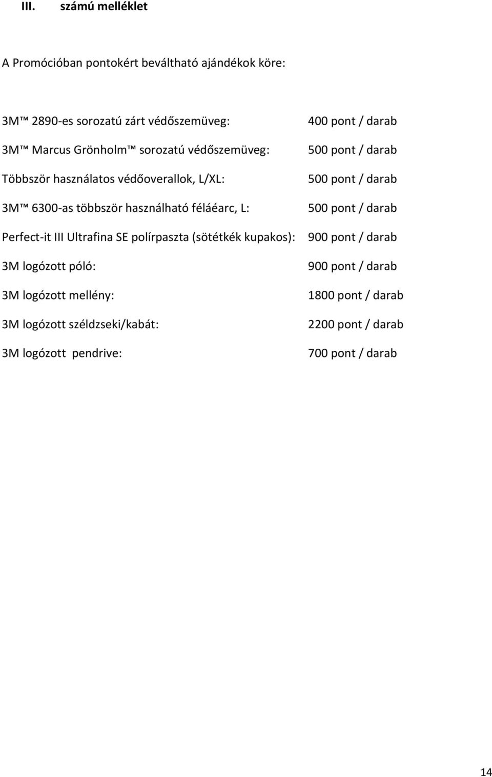 SE polírpaszta (sötétkék kupakos): 3M logózott póló: 3M logózott mellény: 3M logózott széldzseki/kabát: 3M logózott pendrive: 400 pont /