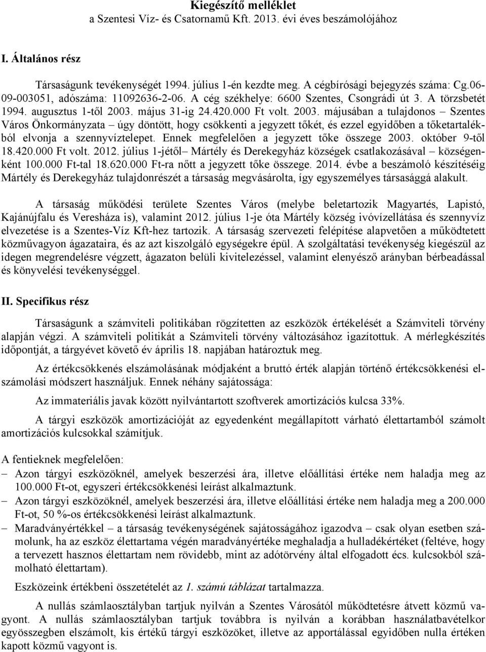 május 31-ig 24.420.000 Ft volt. 2003. májusában a tulajdonos Szentes Város Önkormányzata úgy döntött, hogy csökkenti a jegyzett tőkét, és ezzel egyidőben a tőketartalékból elvonja a szennyvíztelepet.