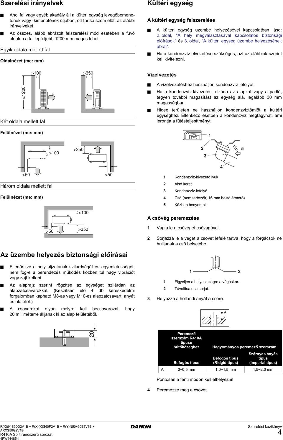 Egyik oldala mellett fal Oldalnézet (me: mm) >00 >0 Kültéri egység A kültéri egység felszerelése A kültéri egység üzembe helyezésével kapcsolatban lásd:.