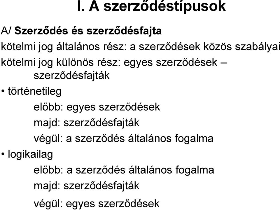 történetileg logikailag előbb: egyes szerződések majd: szerződésfajták végül: a szerződés