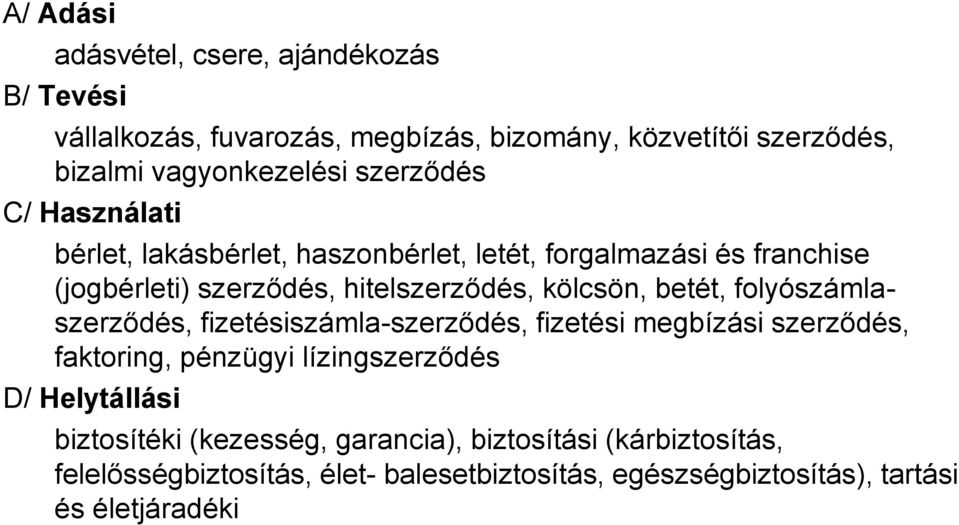 betét, folyószámlaszerződés, fizetésiszámla-szerződés, fizetési megbízási szerződés, faktoring, pénzügyi lízingszerződés D/ Helytállási