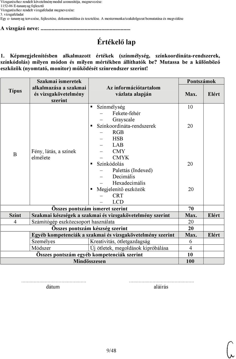 Típus Szakmai ismeretek alkalmazása a szakmai és vizsgakövetelmény szerint Fény, látás, a színek elmélete Az információtartalom vázlata alapján Színmélység Fekete-fehér Grayscale