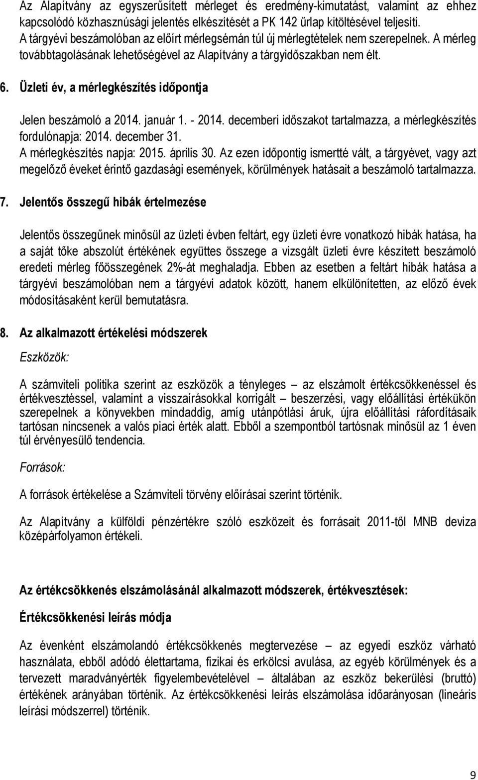 Üzleti év, a mérlegkészítés időpontja Jelen beszámoló a 2014. január 1. - 2014. decemberi időszakot tartalmazza, a mérlegkészítés fordulónapja: 2014. december 31. A mérlegkészítés napja: 2015.