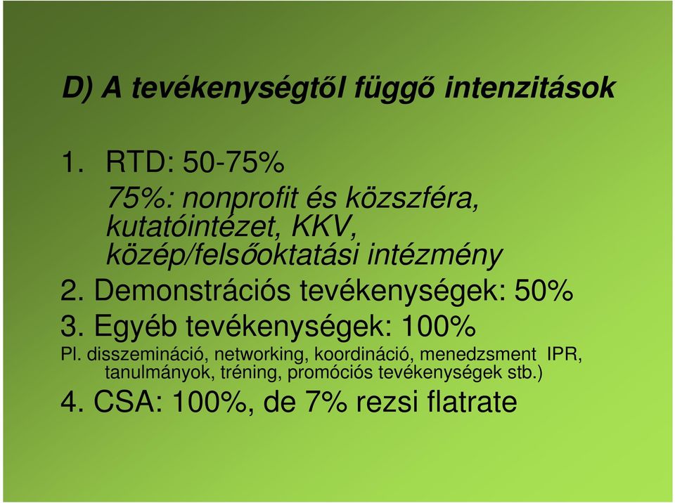 intézmény 2. Demonstrációs tevékenységek: 50% 3. Egyéb tevékenységek: 100% Pl.