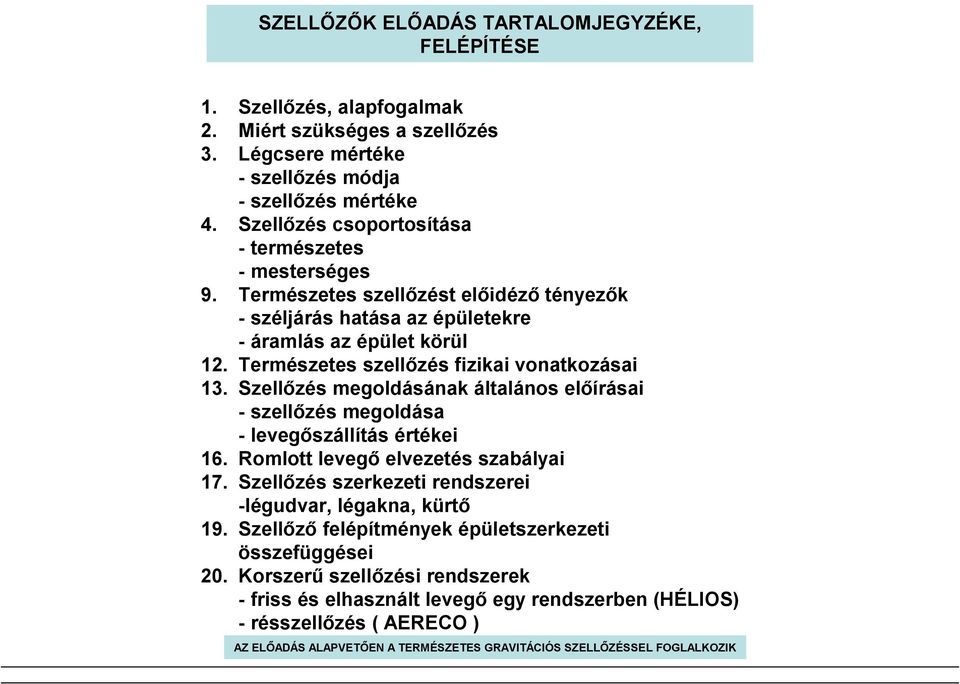 tényezők - széljárás hatása az épületekre - áramlás az épület körül Természetes szellőzés fizikai vonatkozásai Szellőzés megoldásának általános előírásai - szellőzés megoldása - levegőszállítás