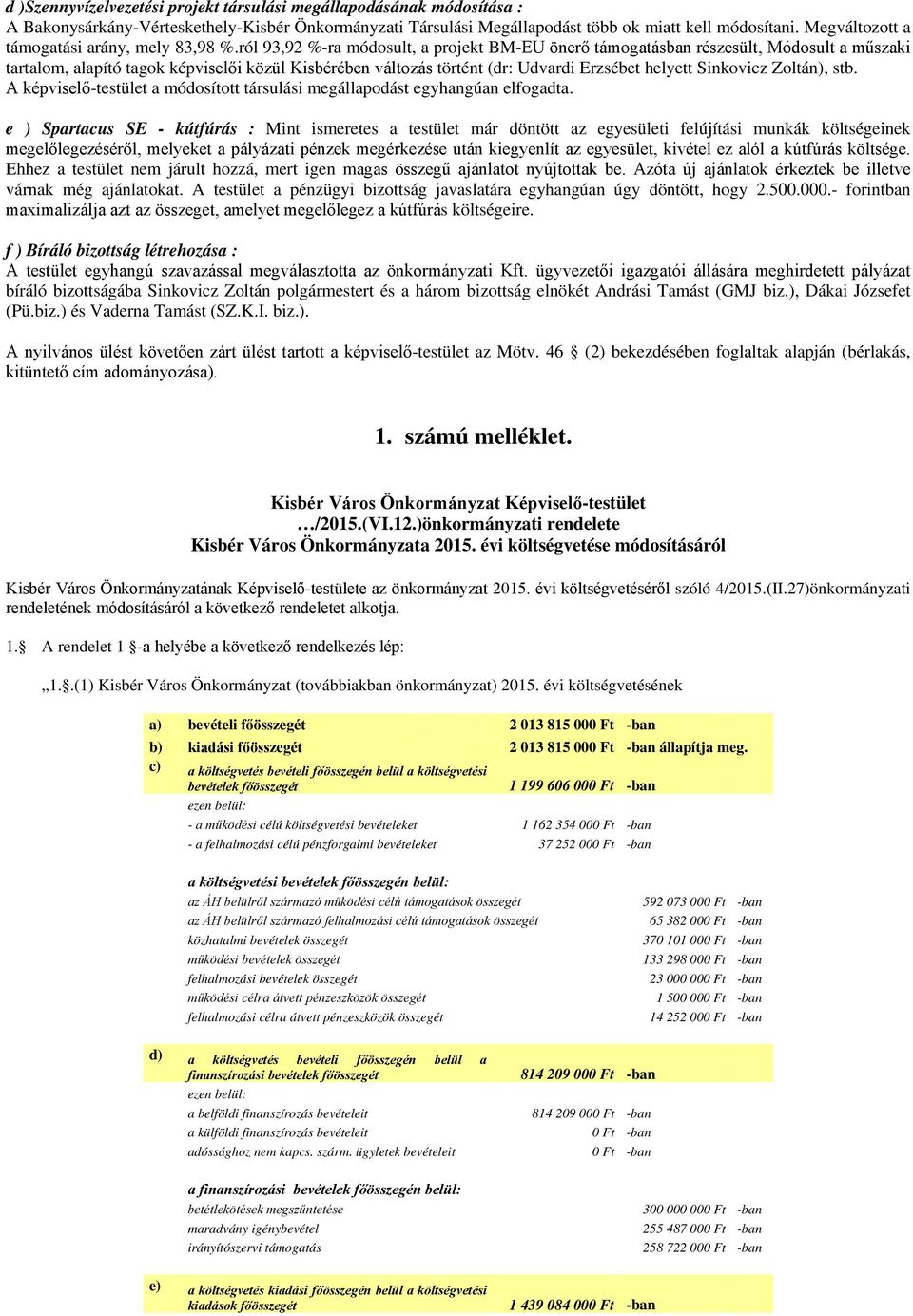 ról 93,92 %-ra módosult, a projekt BM-EU önerő támogatásban részesült, Módosult a műszaki tartalom, alapító tagok képviselői közül Kisbérében változás történt (dr: Udvardi Erzsébet helyett Sinkovicz