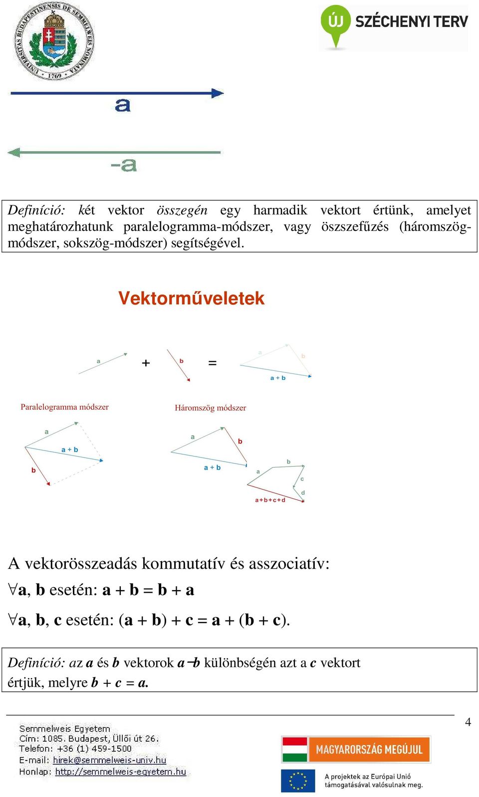 Vektorműveletek A vektorösszeadás kommutatív és asszocatív: a, b esetén: a + b b + a a, b, c