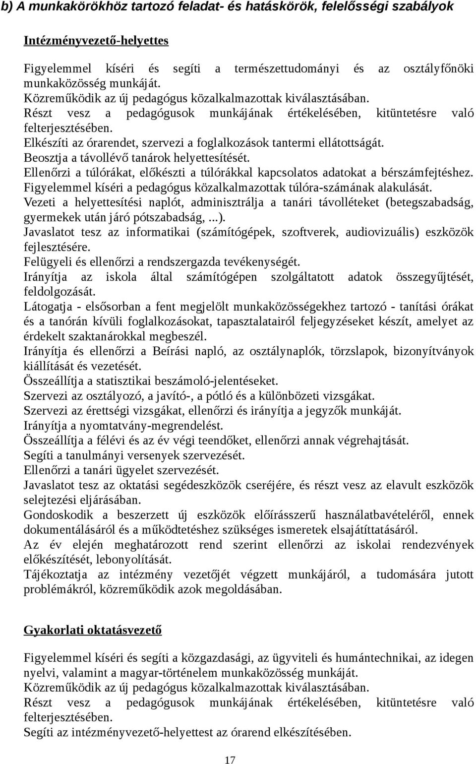 Elkészíti az órarendet, szervezi a foglalkozások tantermi ellátottságát. Beosztja a távollévő tanárok helyettesítését.