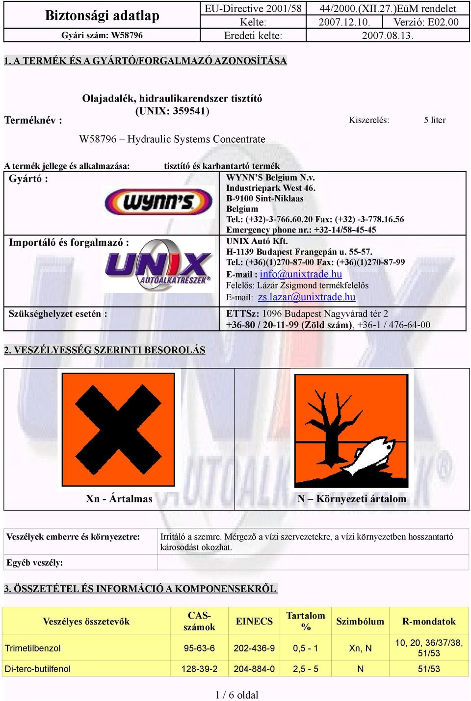 56 Emergency phone nr.: +32-14/58-45-45 UNIX Autó Kft. H-1139 Budapest Frangepán u. 55-57. Tel.: (+36)(1)270-87-00 Fax: (+36)(1)270-87-99 E-mail : info@unixtrade.