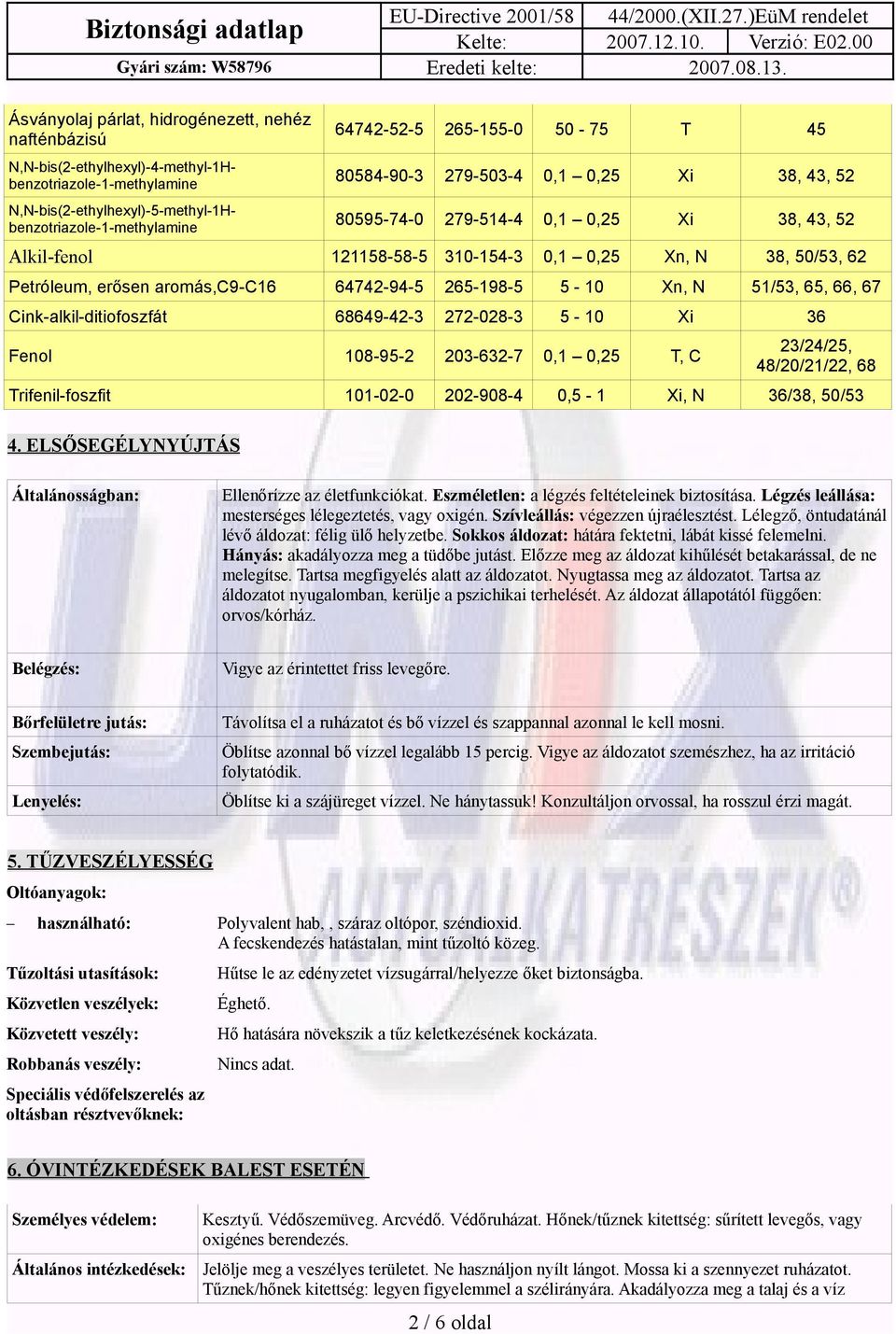 64742-94-5 265-198-5 5-10 Xn, N 51/53, 65, 66, 67 Cink-alkil-ditiofoszfát 68649-42-3 272-028-3 5-10 Xi 36 Fenol 108-95-2 203-632-7 0,1 0,25 T, C 23/24/25, 48/20/21/22, 68 Trifenil-foszfit 101-02-0