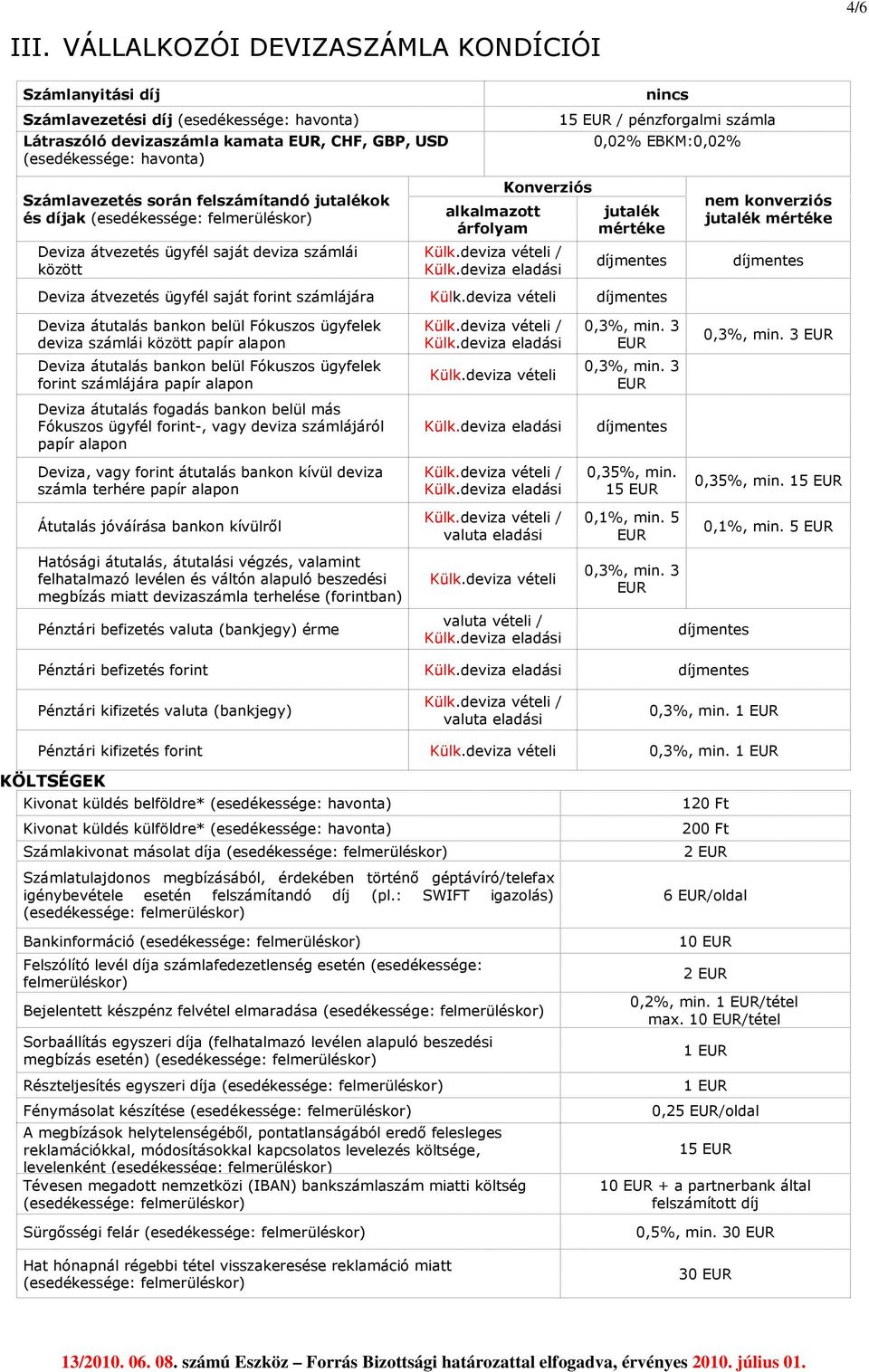 jutalékok és díjak Deviza átvezetés ügyfél saját deviza számlái között alkalmazott árfolyam Konverziós jutalék mértéke Deviza átvezetés ügyfél saját forint számlájára nem konverziós jutalék mértéke