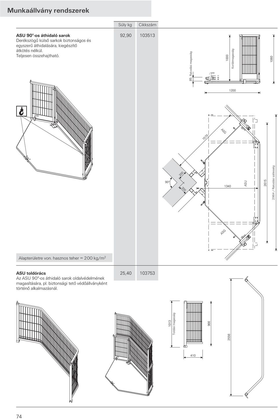 Rakodási magasság 1200 1570 200 200 1340 1013 Toldási magasság 966 2556 85 1000 Korlátmagasság 1060 90 ASU 2615 2964 / Rakodási