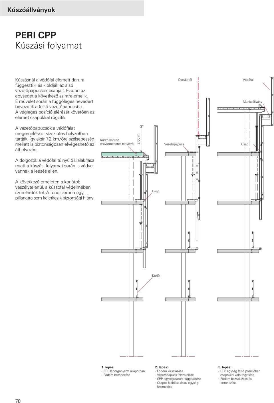 Darukötél Védőfal Munkaállvány A vezetőpapucsok a védőfalat megemeléskor vízszintes helyzetben tartják. Így akár 72 km/óra szélsebesség mellett is biztonságosan elvégezhető az áthelyezés.