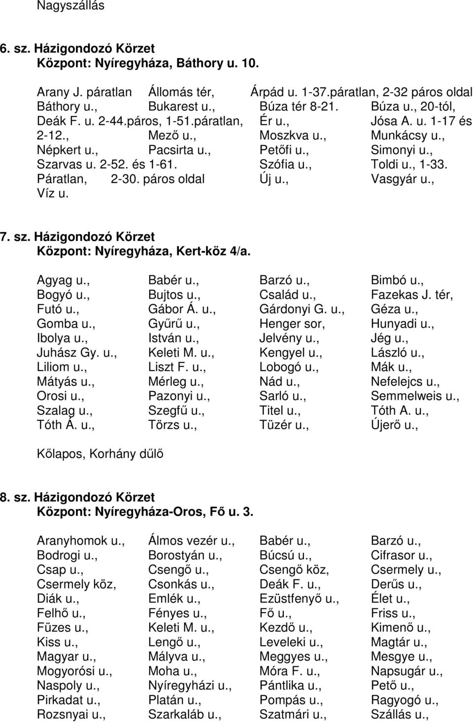 , Toldi u., 1-33. Páratlan, 2-30. páros oldal Új u., Vasgyár u., Víz u. 7. sz. Házigondozó Körzet Központ: Nyíregyháza, Kert-köz 4/a. Agyag u., Babér u., Barzó u., Bimbó u., Bogyó u., Bujtos u.