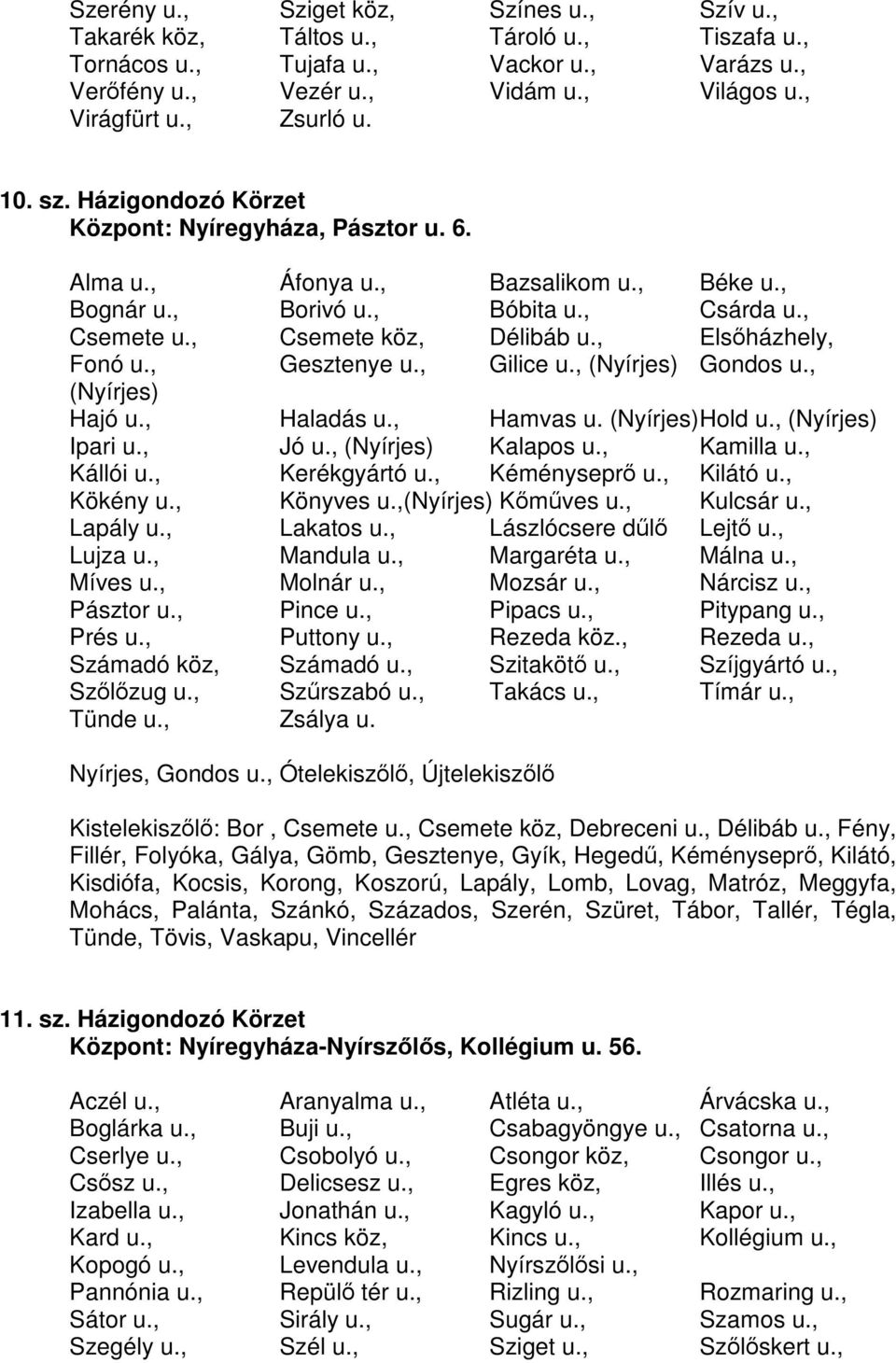 , Elsőházhely, Fonó u., Gesztenye u., Gilice u., (Nyírjes) Gondos u., (Nyírjes) Hajó u., Haladás u., Hamvas u. (Nyírjes) Hold u., (Nyírjes) Ipari u., Jó u., (Nyírjes) Kalapos u., Kamilla u., Kállói u.