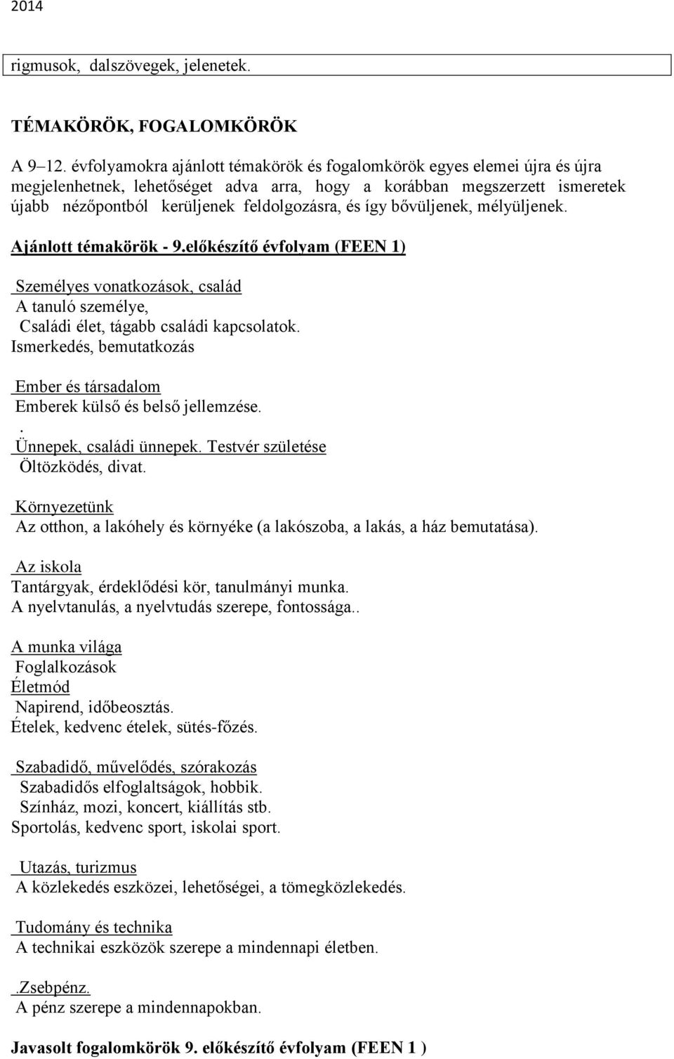 így bővüljenek, mélyüljenek. Ajánlott témakörök - 9.előkészítő évfolyam (FEEN 1) Személyes vonatkozások, család A tanuló személye, Családi élet, tágabb családi kapcsolatok.