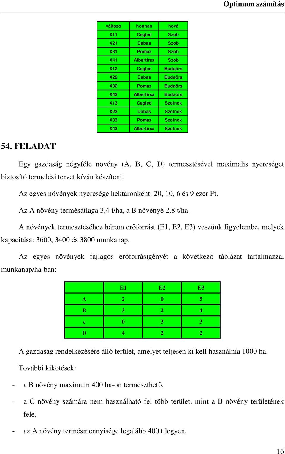 Az egyes növények nyeresége hektáronként: 20, 10, 6 és 9 ezer Ft. Az A növény termésátlaga 3,4 t/ha, a B növényé 2,8 t/ha.