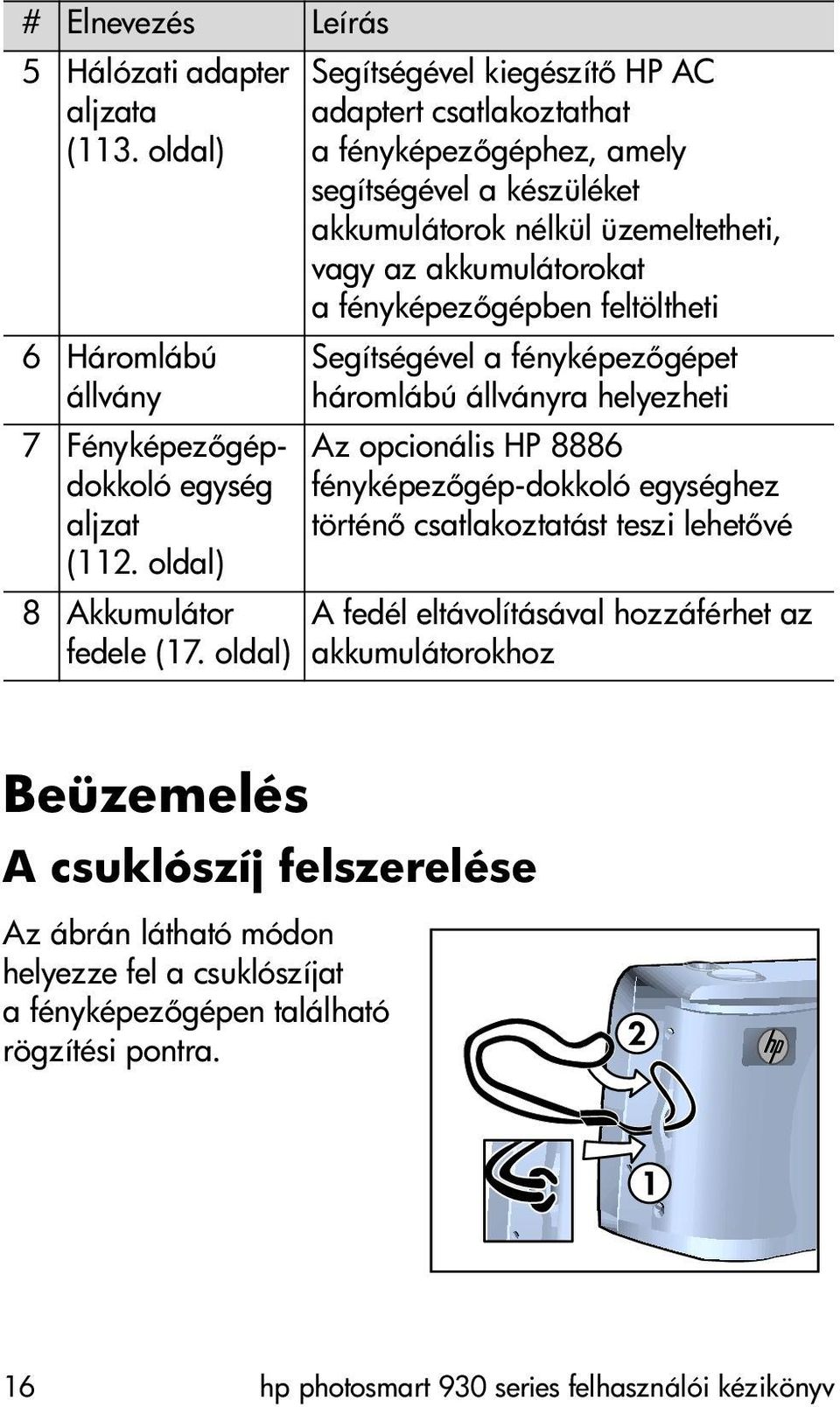 gépben feltöltheti Segítségével a fényképez gépet háromlábú állványra helyezheti Az opcionális HP 8886 fényképez gép-dokkoló egységhez történ csatlakoztatást teszi lehet vé A fedél