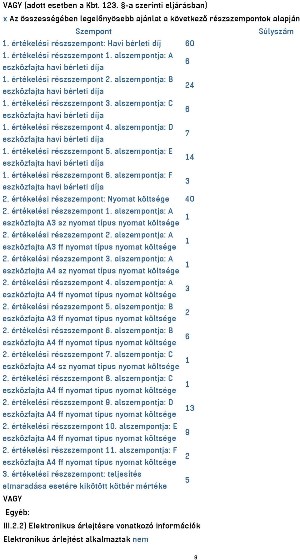 alszempontja: C eszközfajta havi bérleti díja 1. értékelési részszempont 4. alszempontja: D eszközfajta havi bérleti díja 1. értékelési részszempont 5. alszempontja: E eszközfajta havi bérleti díja 1.