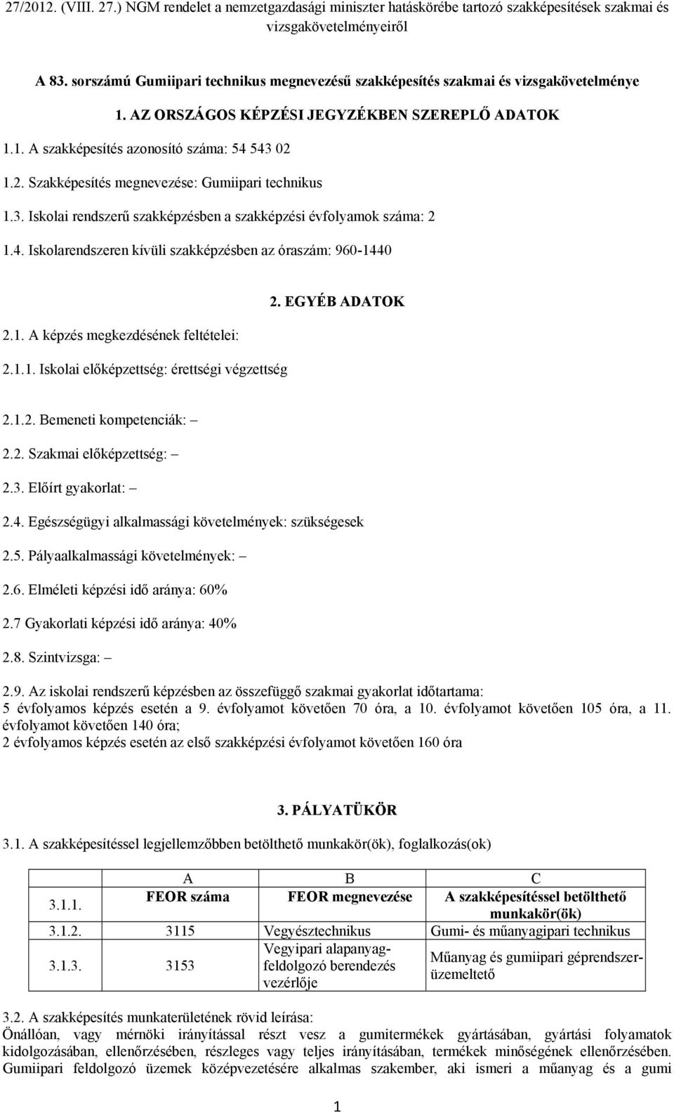 1.1. Iskolai előképzettség: érettségi végzettség 2. EGYÉB ADATOK 2.1.2. Bemeneti kompetenciák: 2.2. Szakmai előképzettség: 2.3. Előírt gyakorlat: 2.4.