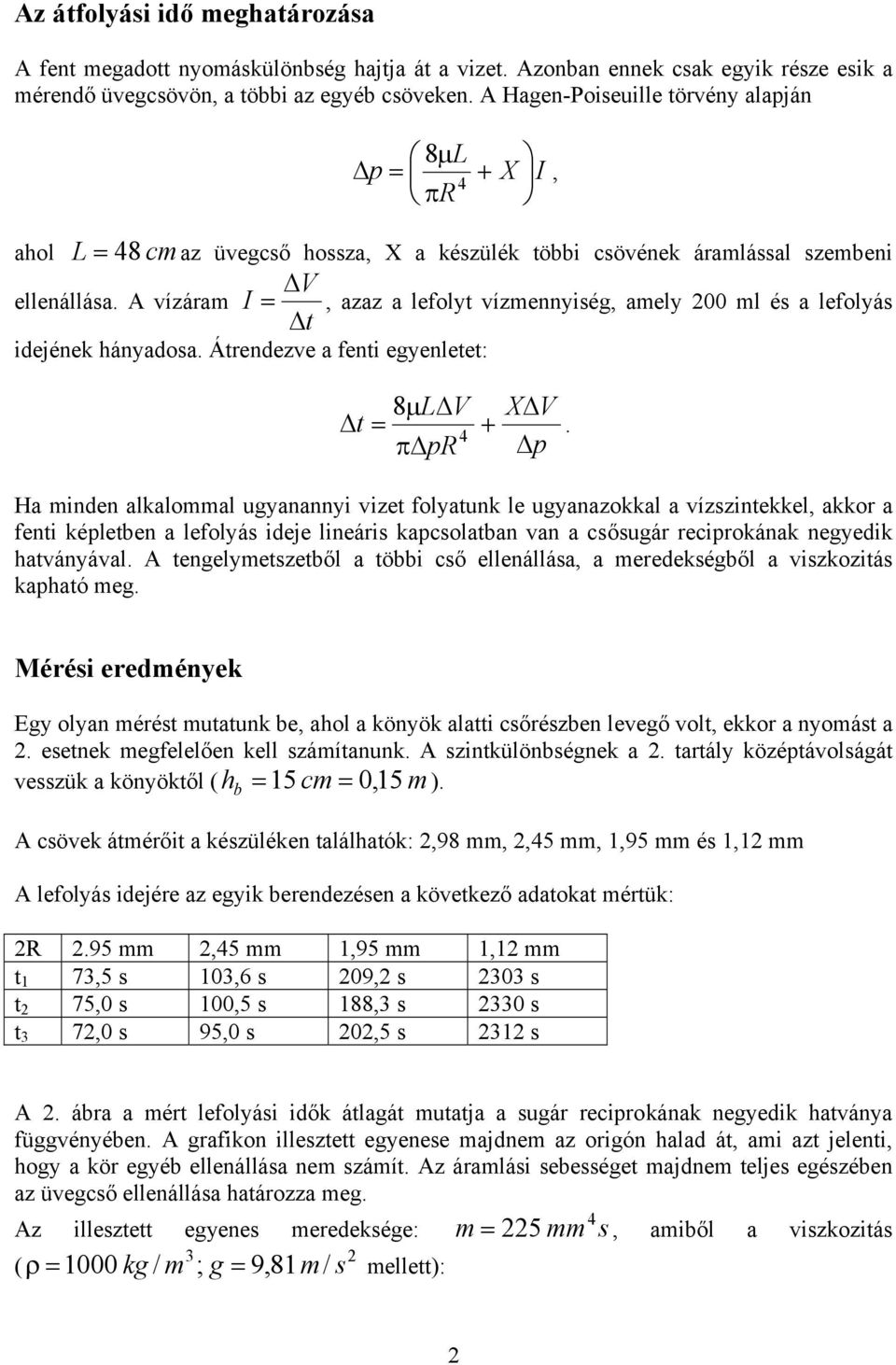 A vízáram I =, azaz a lefolyt vízmennyiség, amely 200 ml és a lefolyás t idejének hányadosa. Átrendezve a fenti egyenletet: 8µ L V t = π pr + X V p.