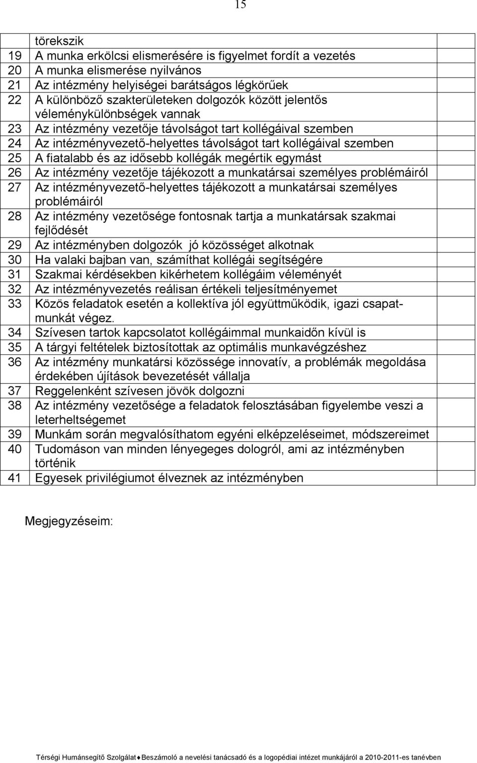 idősebb kollégák megértik egymást 26 Az intézmény vezetője tájékozott a munkatársai személyes problémáiról 27 Az intézményvezető-helyettes tájékozott a munkatársai személyes problémáiról 28 Az