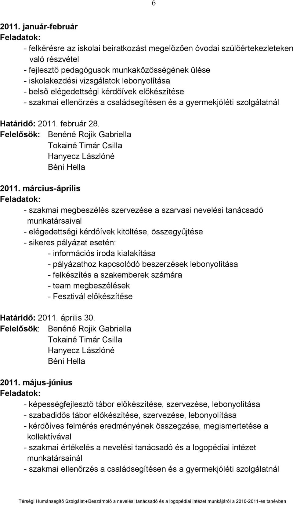 lebonyolítása - belső elégedettségi kérdőívek előkészítése - szakmai ellenőrzés a családsegítésen és a gyermekjóléti szolgálatnál Határidő: 2011. február 28.