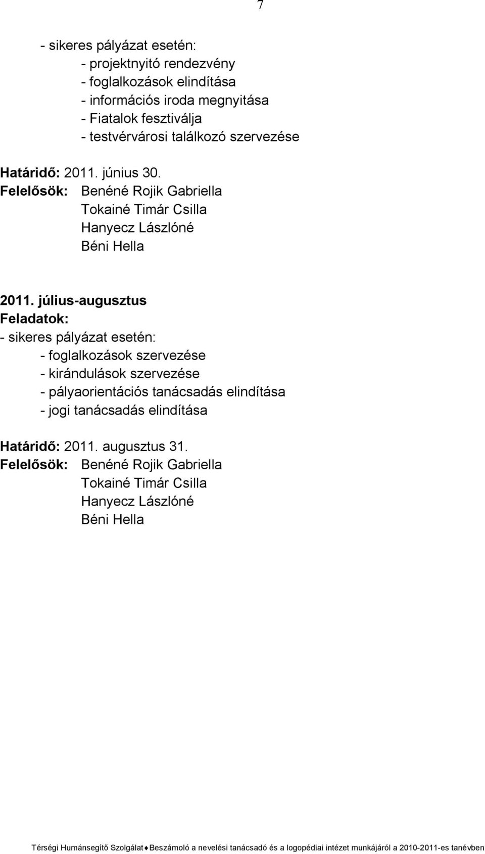 Felelősök: Benéné Rojik Gabriella Tokainé Timár Csilla Hanyecz Lászlóné Béni Hella 2011.