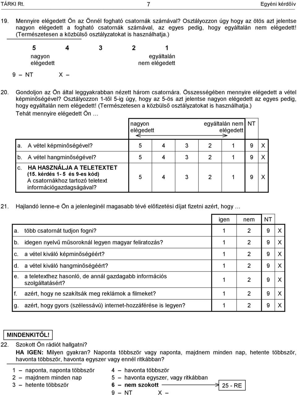 ) 5 4 3 2 1 nagyon egyáltalán elégedett nem elégedett 9 20. Gondoljon az Ön által leggyakrabban nézett három csatornára. Összességében mennyire elégedett a vétel képminőségével?