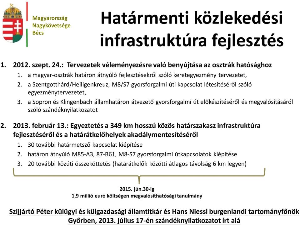 a Sopron és Klingenbach államhatáron átvezető gyorsforgalmi út előkészítéséről és megvalósításáról szóló szándéknyilatkozatot 2. 2013. február 13.