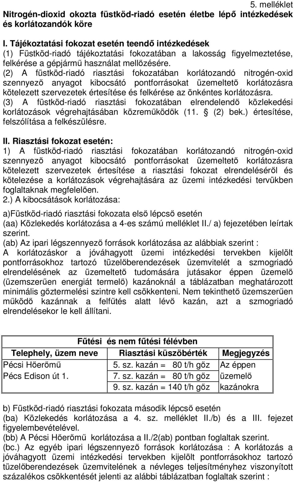 (2) A füstköd-riadó riasztási fokozatában korlátozandó nitrogén-oxid szennyező anyagot kibocsátó pontforrásokat üzemeltető korlátozásra kötelezett szervezetek értesítése és felkérése az önkéntes