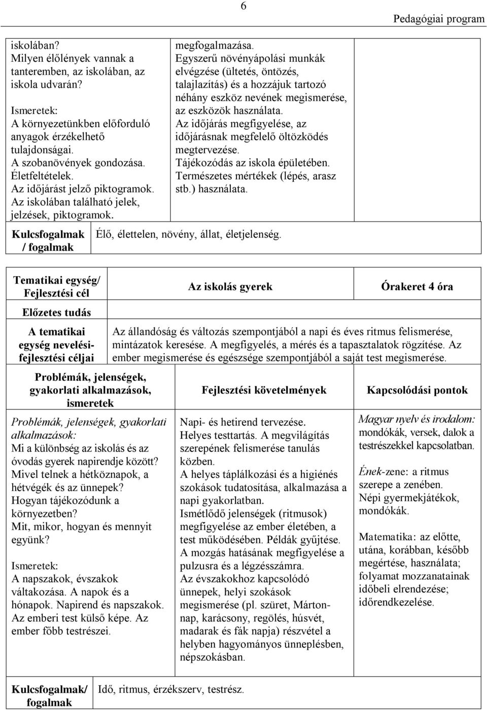 Egyszerű növényápolási munkák elvégzése (ültetés, öntözés, talajlazítás) és a hozzájuk tartozó néhány eszköz nevének megismerése, az eszközök használata.