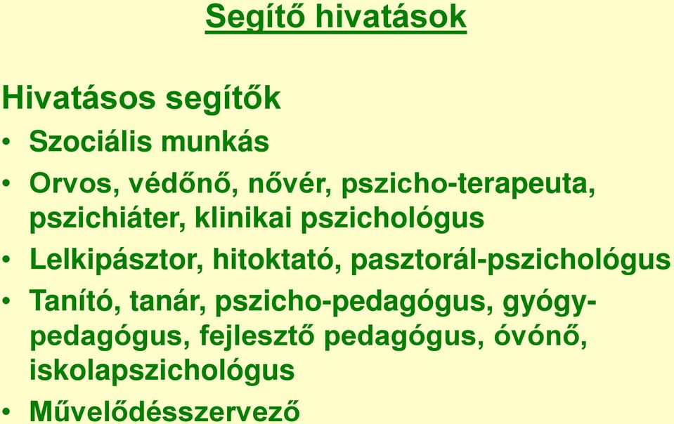 Lelkipásztor, hitoktató, pasztorál-pszichológus Tanító, tanár,