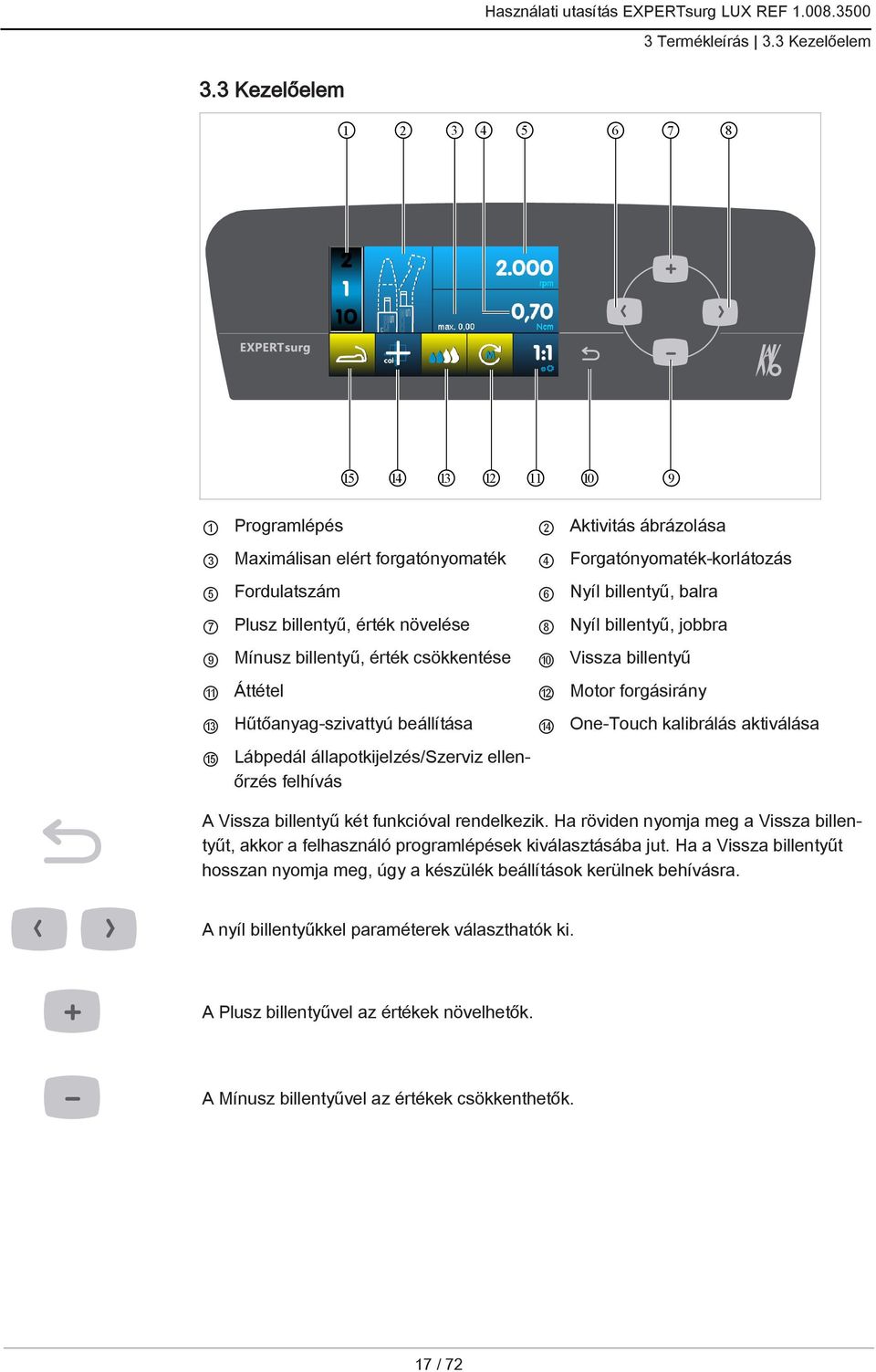 billentyű, érték növelése 8 Nyíl billentyű, jobbra 9 Mínusz billentyű, érték csökkentése 10 Vissza billentyű 11 Áttétel 12 Motor forgásirány 13 Hűtőanyag-szivattyú beállítása 14 One-Touch kalibrálás