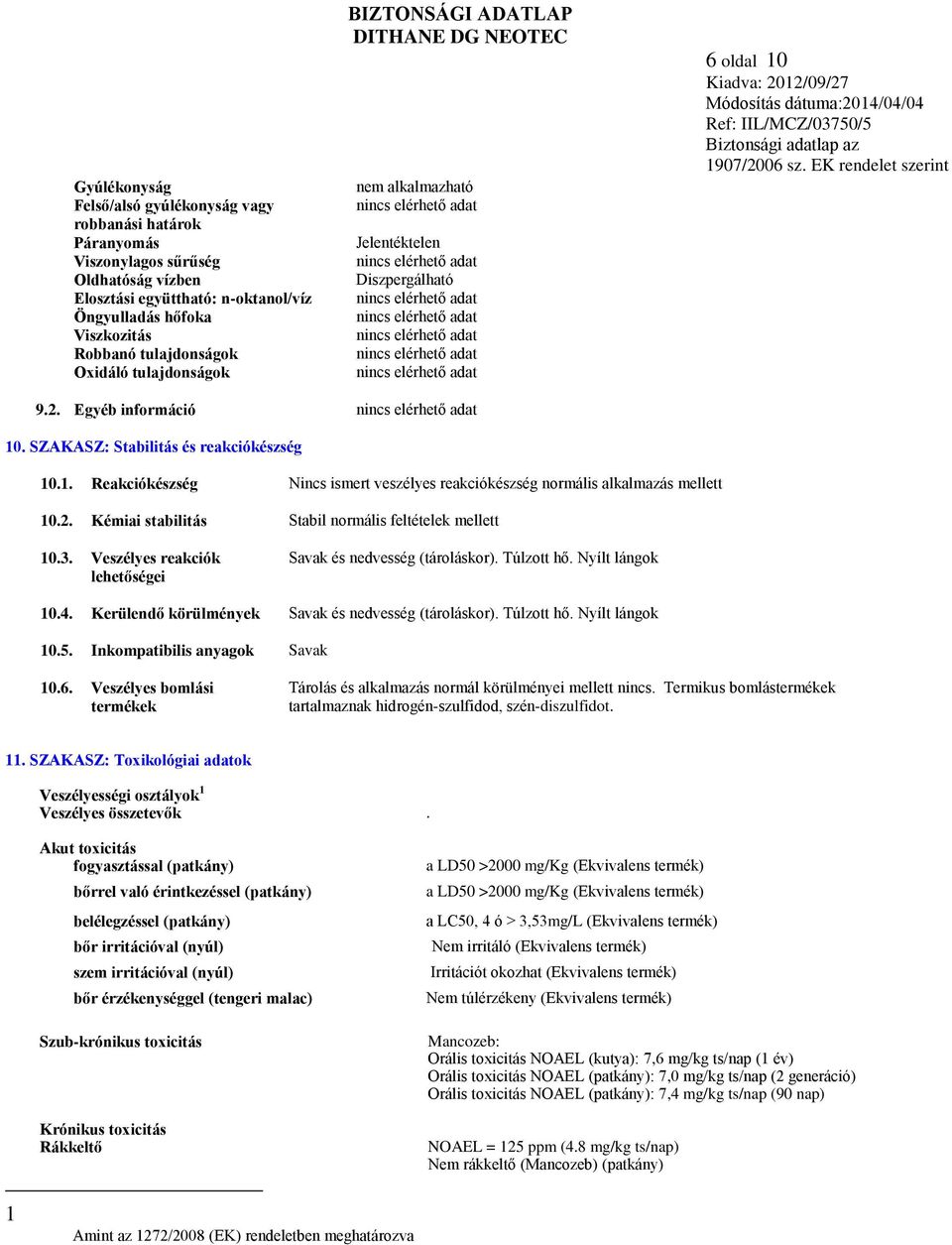 2. Kémiai stabilitás Stabil normális feltételek mellett 10.3. Veszélyes reakciók lehetőségei Savak és nedvesség (tároláskor). Túlzott hő. Nyílt lángok 10.4.