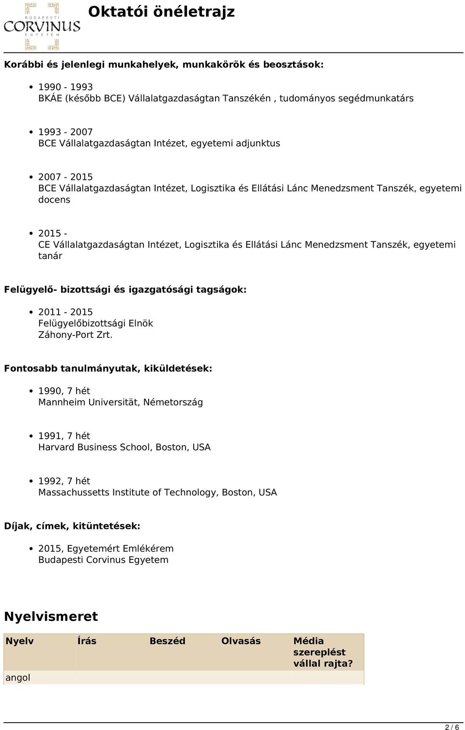 Tanszék, egyetemi tanár Felügyelő- bizottsági és igazgatósági tagságok: 2011-2015 Felügyelőbizottsági Elnök Záhony-Port Zrt.