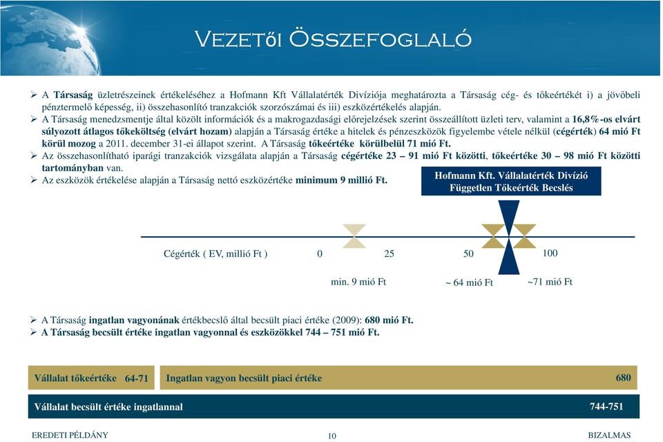 A Társaság menedzsmentje által közölt információk és a makrogazdasági előrejelzések szerint összeállított üzleti terv, valamint a 16,8%-os elvárt súlyozott átlagos tőkeköltség (elvárt hozam) alapján