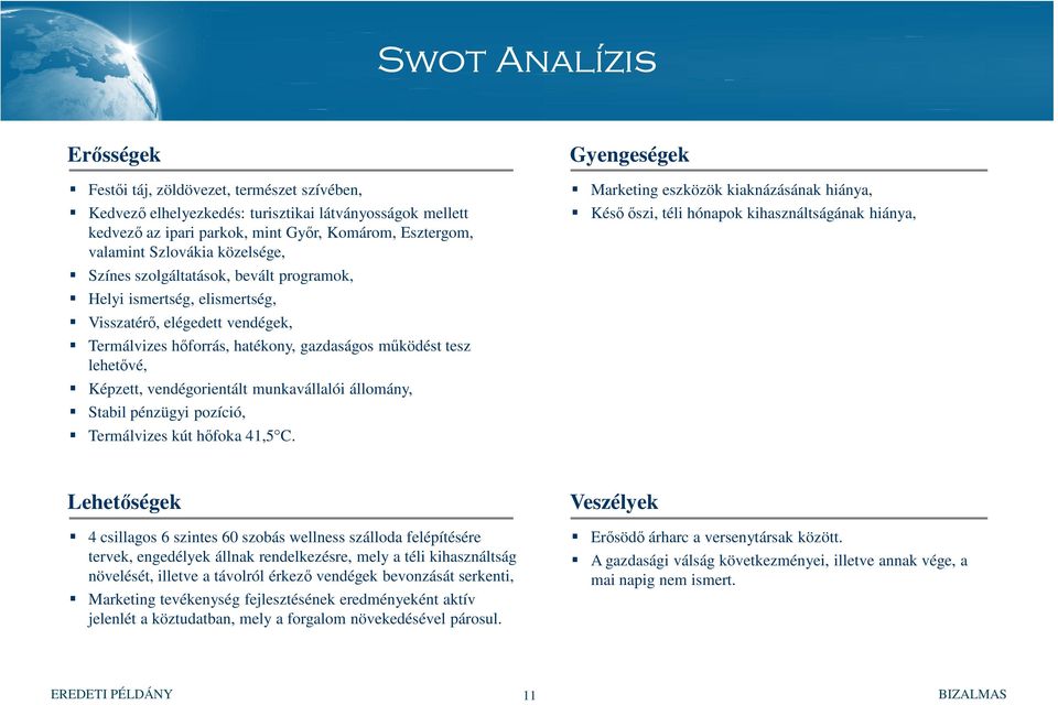 vendégorientált munkavállalói állomány, Stabil pénzügyi pozíció, Termálvizes kút hőfoka 41,5 C.