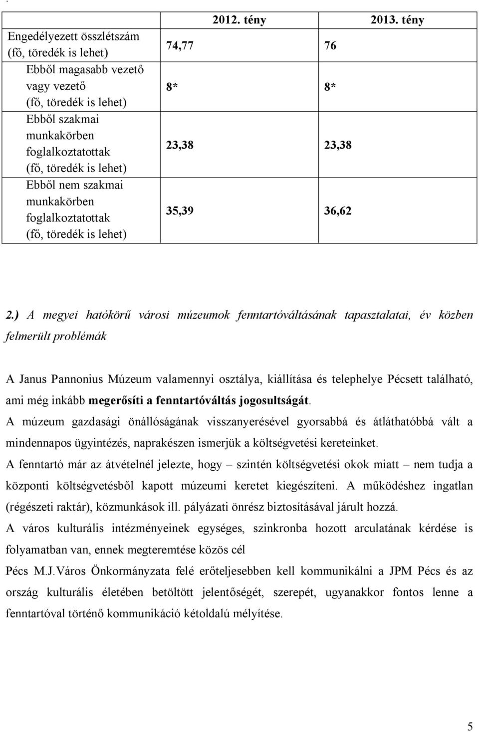 ) A megyei hatókörű városi múzeumok fenntartóváltásának tapasztalatai, év közben felmerült problémák A Janus Pannonius Múzeum valamennyi osztálya, kiállítása és telephelye Pécsett található, ami még