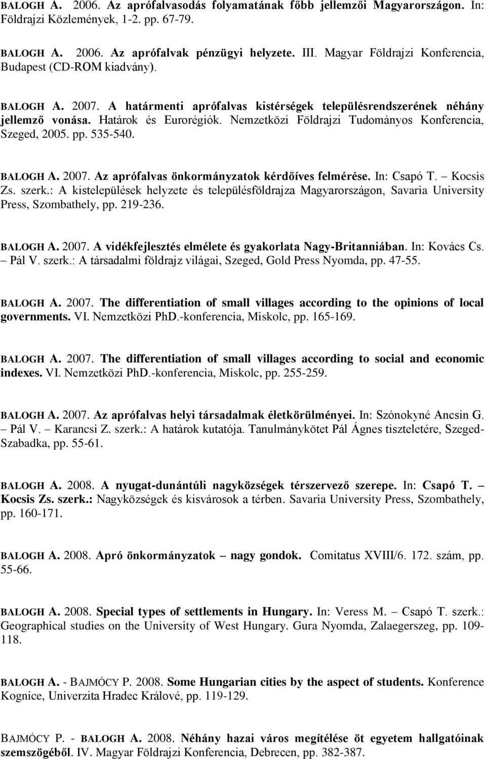 Nemzetközi Földrajzi Tudományos Konferencia, Szeged, 2005. pp. 535-540. BALOGH A. 2007. Az aprófalvas önkormányzatok kérdőíves felmérése. In: Csapó T. Kocsis Zs. szerk.