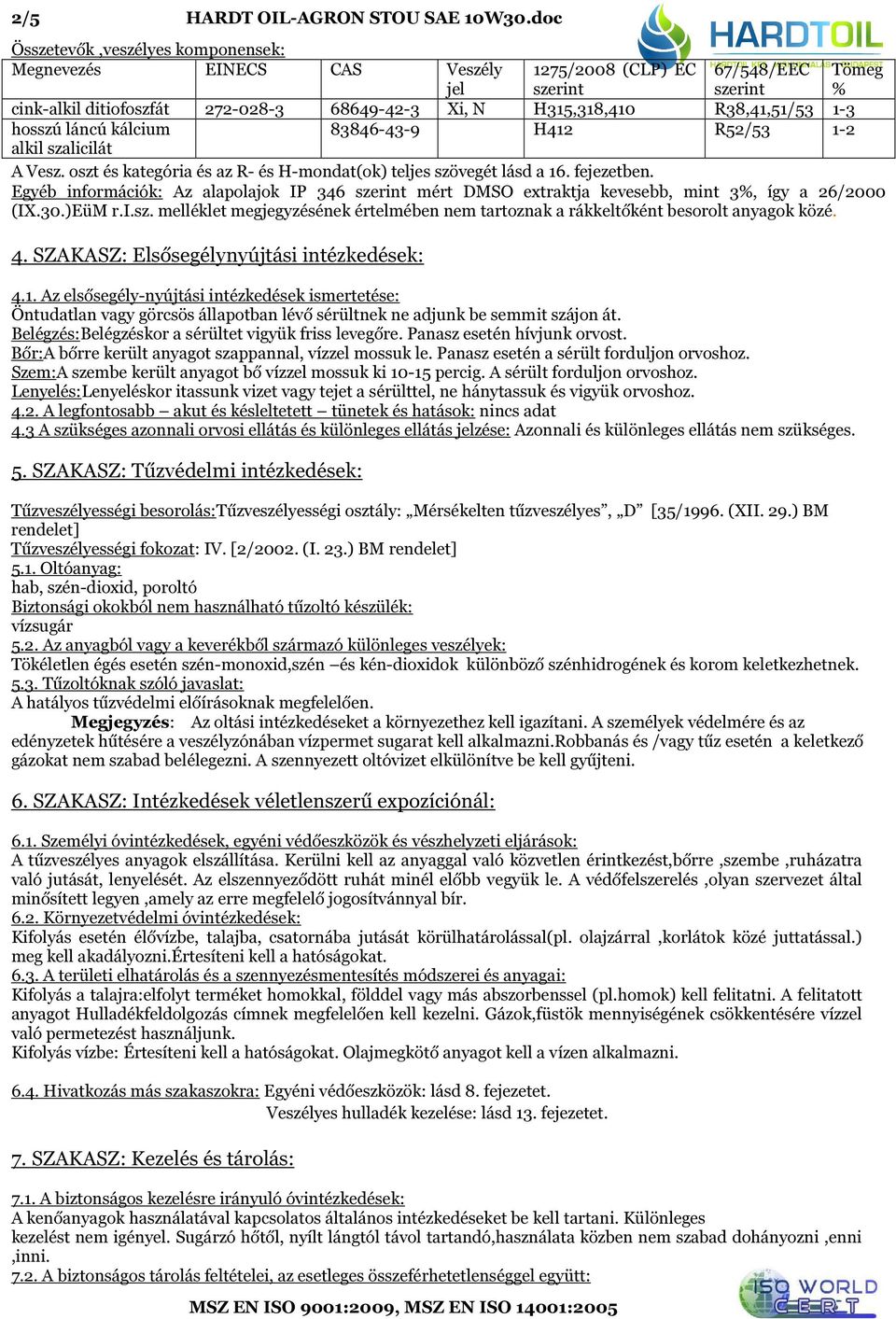 R38,41,51/53 1-3 hosszú láncú kálcium 83846-43-9 H412 R52/53 1-2 alkil szalicilát A Vesz. oszt és kategória és az R- és H-mondat(ok) teljes szövegét lásd a 16. fejezetben.