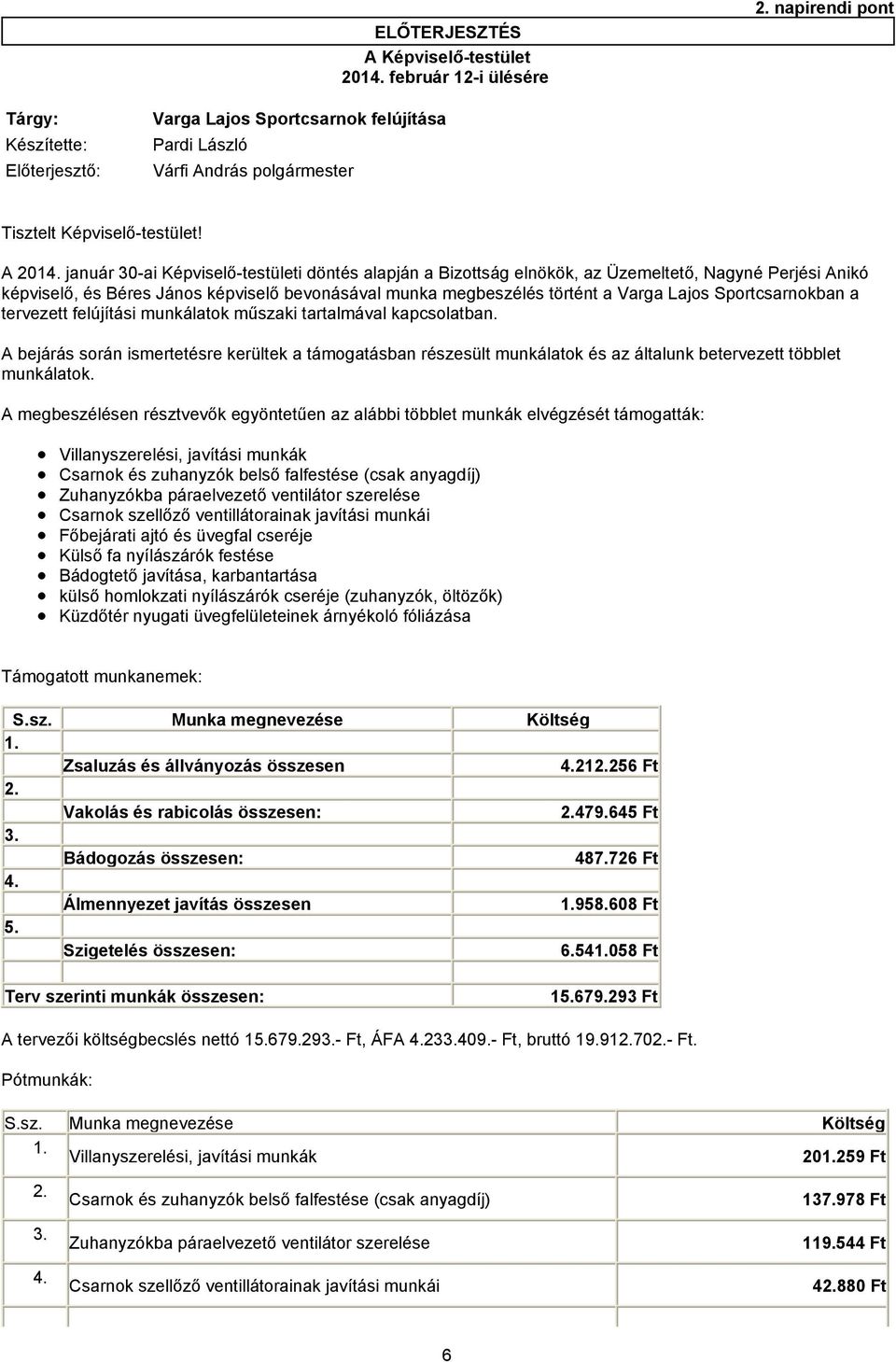 január 30-ai Képviselő-testületi döntés alapján a Bizottság elnökök, az Üzemeltető, Nagyné Perjési Anikó képviselő, és Béres János képviselő bevonásával munka megbeszélés történt a Varga Lajos