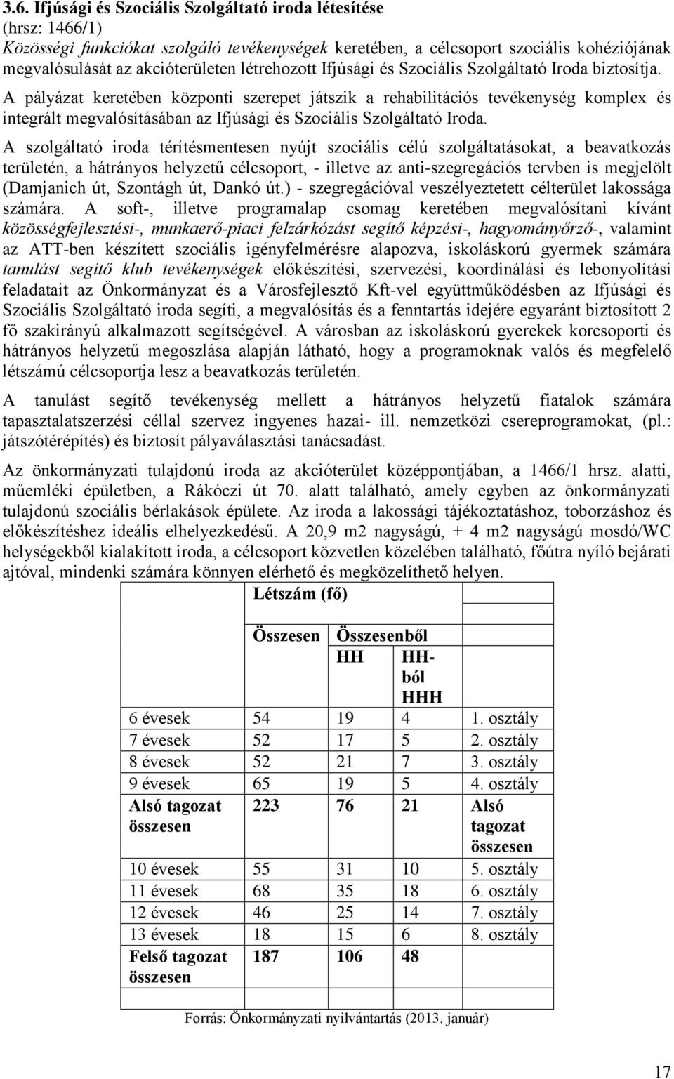 A pályázat keretében központi szerepet játszik a rehabilitációs tevékenység komplex és integrált megvalósításában az Ifjúsági és Szociális Szolgáltató Iroda.