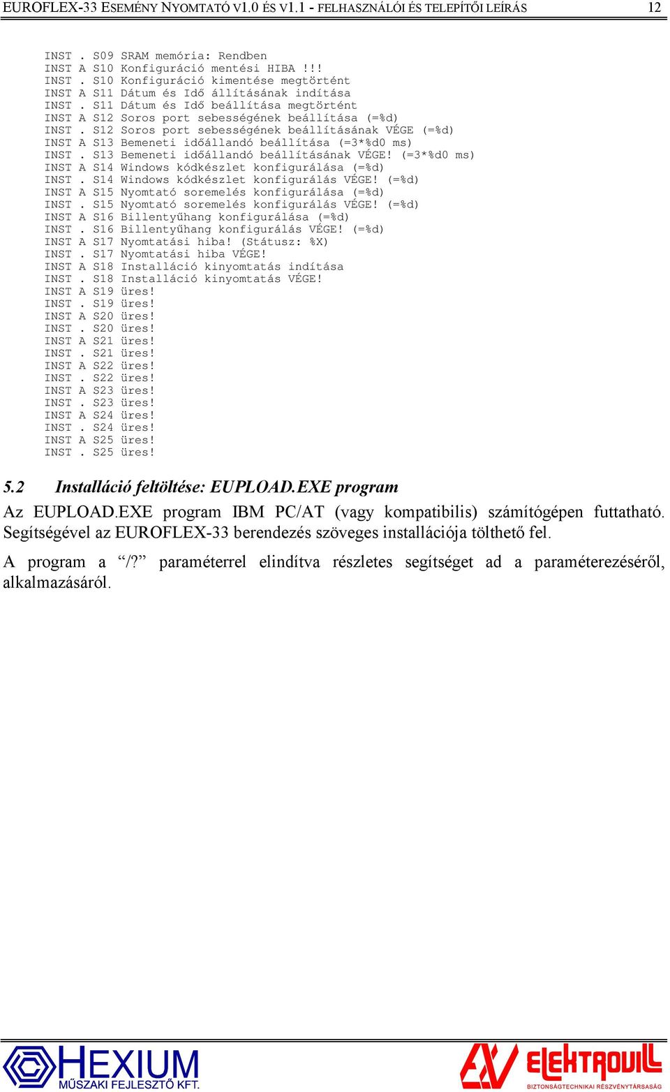 S12 Soros port sebességének beállításának VÉGE (=%d) INST A S13 Bemeneti időállandó beállítása (=3*%d0 ms) INST. S13 Bemeneti időállandó beállításának VÉGE!