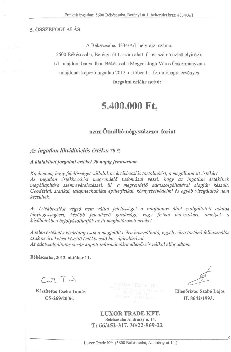 400.000 Ft, azaz Otmilli6-negyszazezer forint Az ingatian likviditacios erteke: 70 % A kialak/tott jorgalmi erteket 90 napig jenntartom.