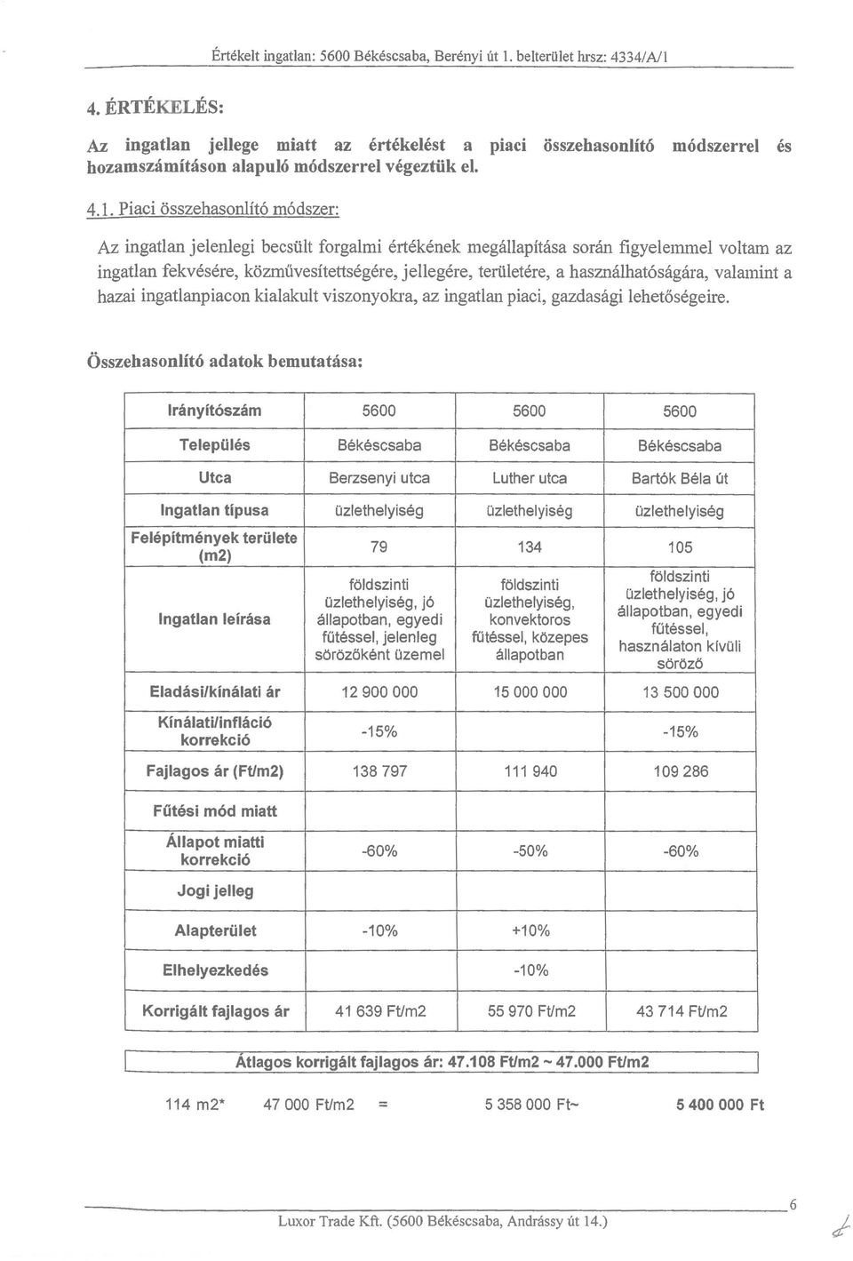 Piaci osszehasonlit6 m6dszer: Az ingatlan jelenlegi becsiilt forgalmi ertekenek megallapitasa soran figyelemmel voltam az ingadan fekvesere, kozmiivesitettsegere, jellegere, teriiletere, a