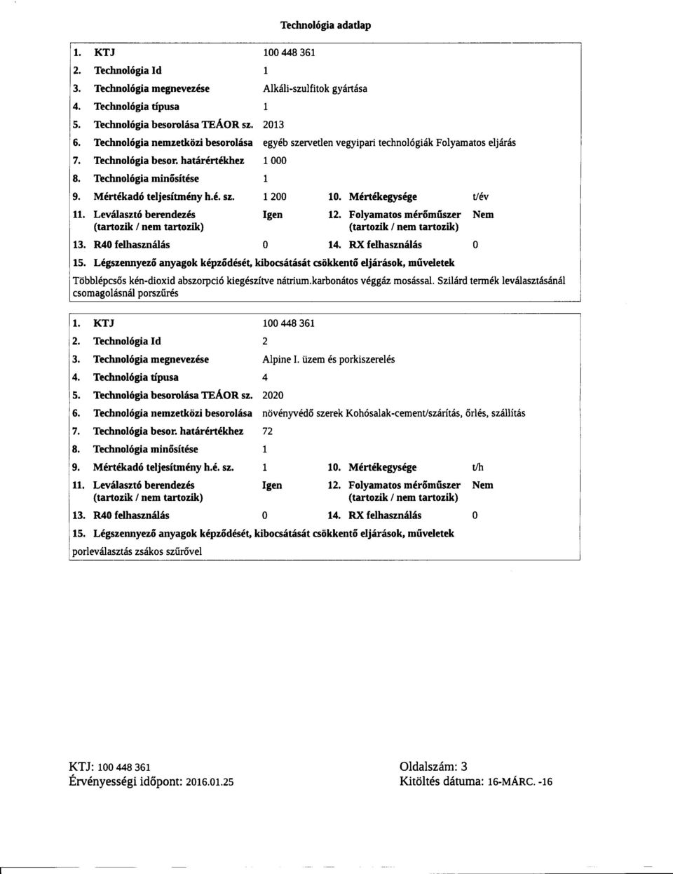 Technológia adatlap 0086 Alkáli-szulfitok gyártása 0 Technológia nemzetközi besorolása egyéb szeivetlen vegyipari technológiák Folyamatos eljárás Technológia Technológia. R0 felhasználás besor.