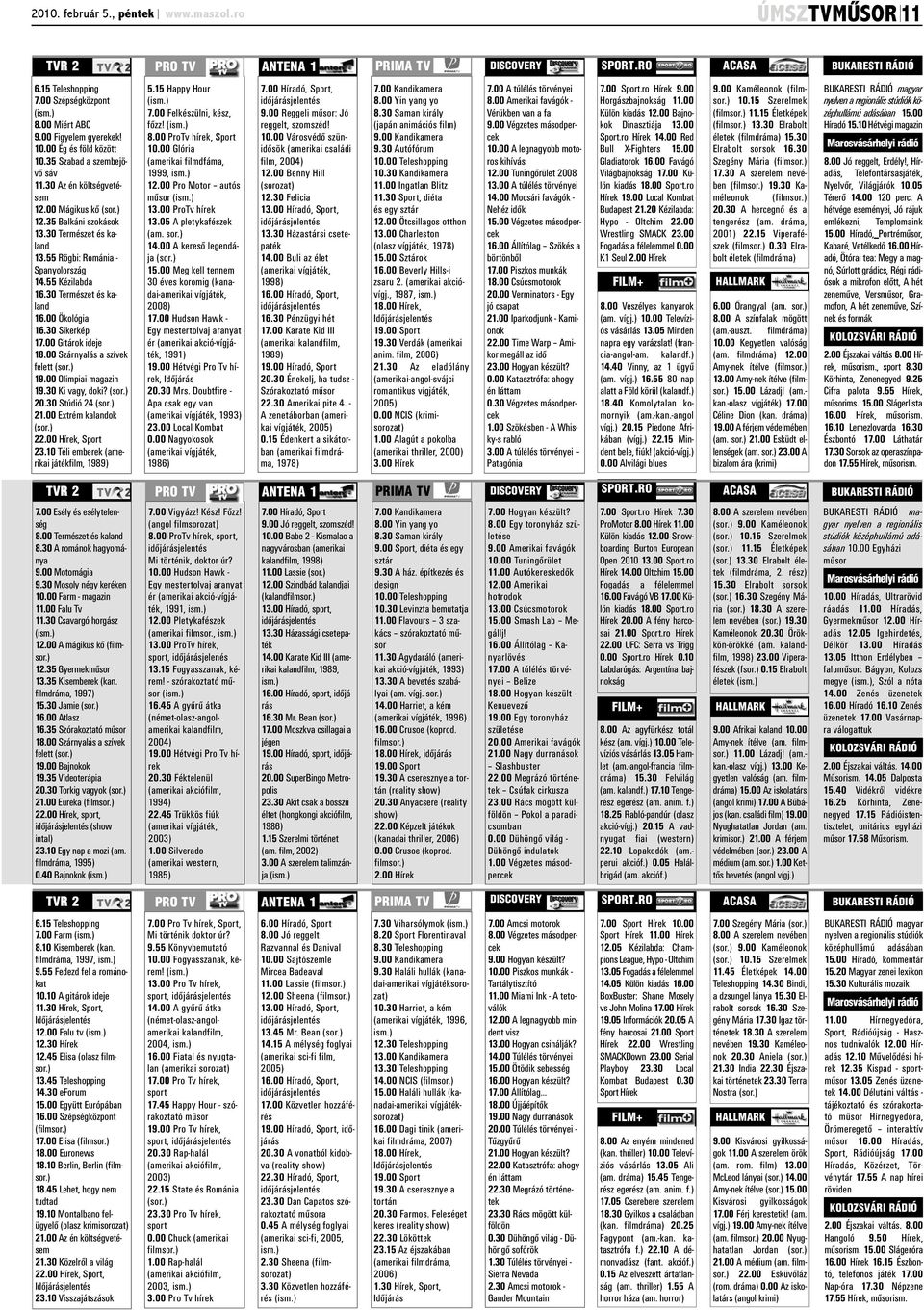 55 Rögbi: Románia - Spanyolország 14.55 Kézilabda 16.30 Természet és kaland 16.00 Ökológia 16.30 Sikerkép 17.00 Gitárok ideje 18.00 Szárnyalás a szívek felett (sor.) 19.00 Olimpiai magazin 19.