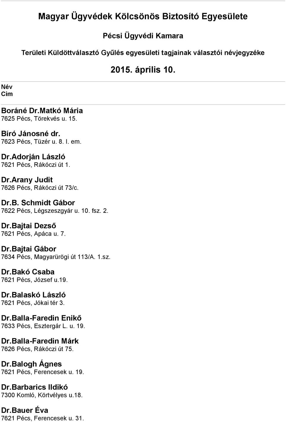 fsz 2 DrBajtai Dezső 7621 Pécs, Apáca u 7 DrBajtai Gábor 7634 Pécs, Magyarürögi út 113/A 1sz DrBakó Csaba 7621 Pécs, József u19 DrBalaskó László 7621 Pécs, Jókai tér 3 DrBalla-Faredin Enikő