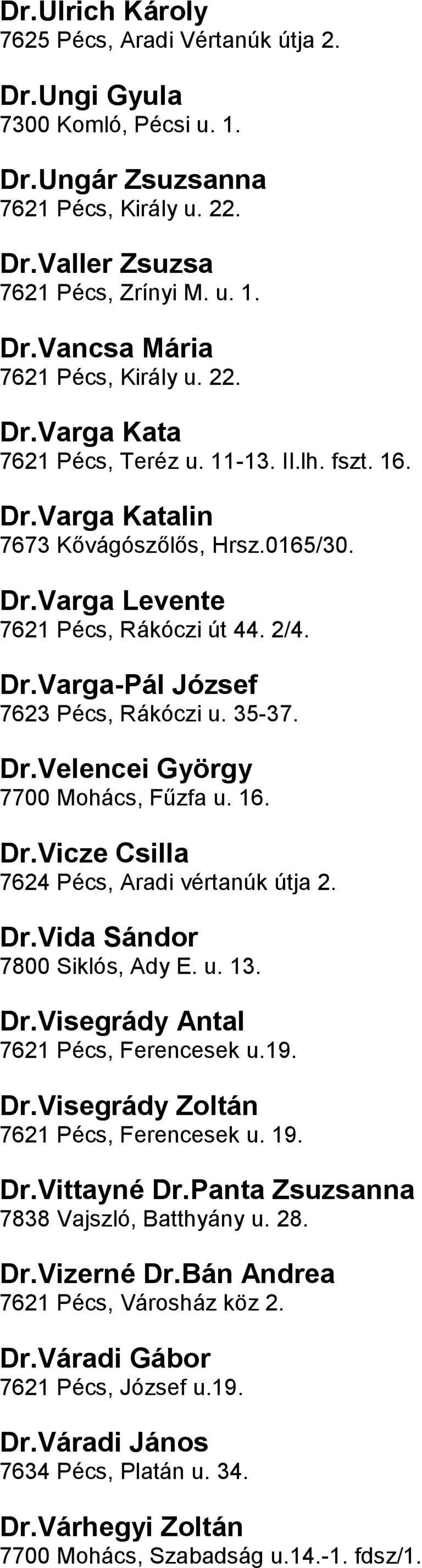 DrVelencei György 7700 Mohács, Fűzfa u 16 DrVicze Csilla 7624 Pécs, Aradi vértanúk útja 2 DrVida Sándor 7800 Siklós, Ady E u 13 DrVisegrády Antal 7621 Pécs, Ferencesek u19 DrVisegrády Zoltán 7621